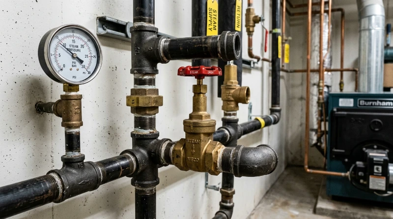 Labeled steam supply and return piping on a two pipe Burnham boiler system in a Warren, MI home