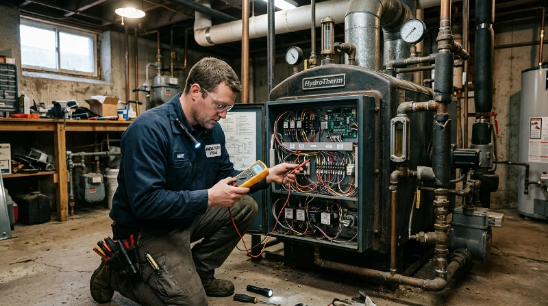ABBCO technician diagnosing a steam boiler that is running but not heating a Warren, MI home