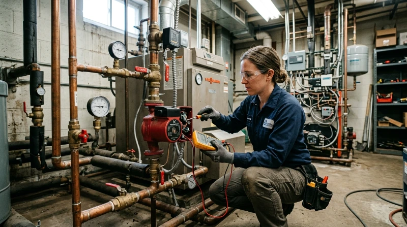 Close inspection of a steam boiler's controls to diagnose a no heat problem in a Warren, MI home