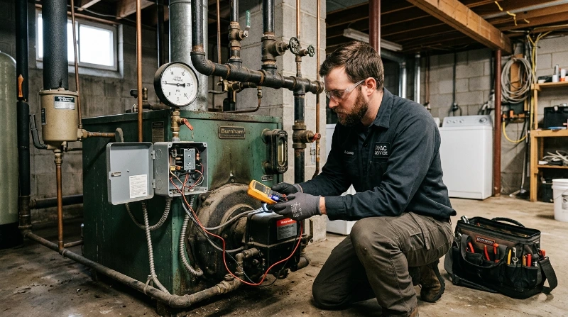 ABBCO technician inspecting a residential steam boiler at a home in the Warren, MI service area