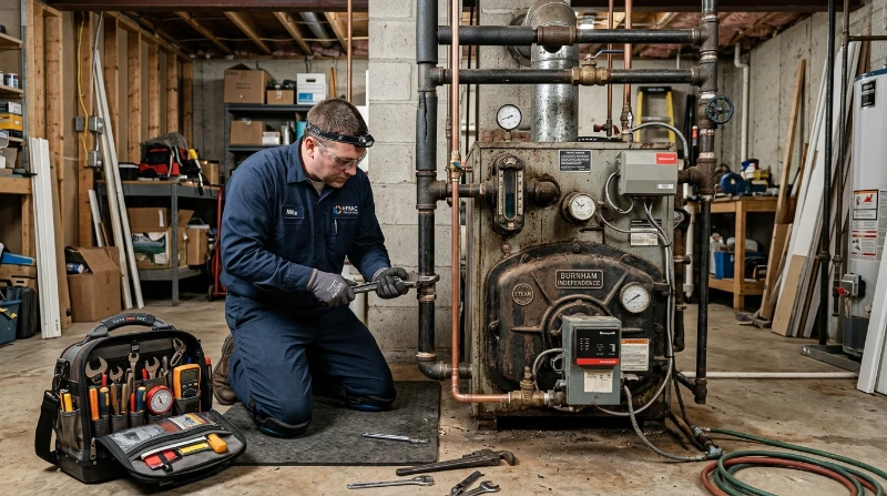 ABBCO technician repairing steam pipe on a Burnham boiler causing water hammer in a Warren, MI basement