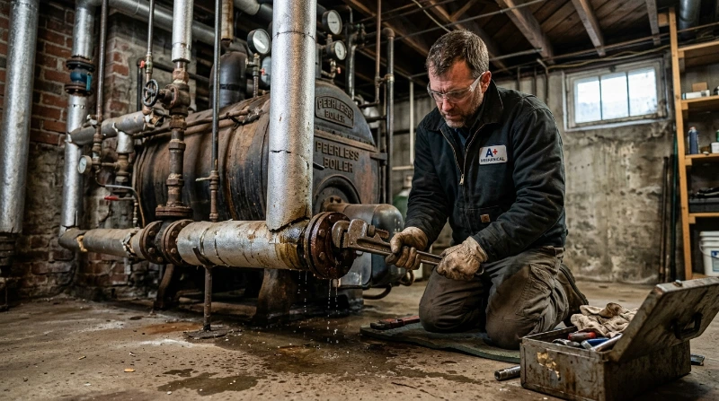 ABBCO technician repairing an original cast iron steam boiler in a Warren, MI home