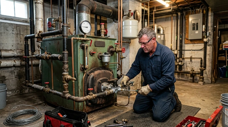 Close repair work on an original cast iron steam boiler section in a Warren, MI basement