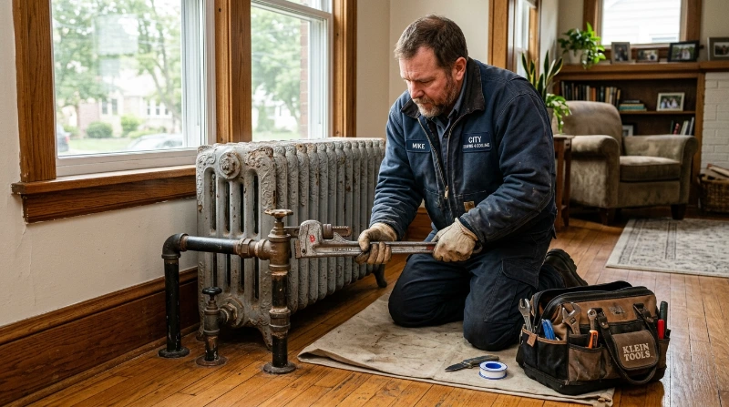 ABBCO technician repairing a one pipe steam radiator valve in a Warren, MI home
