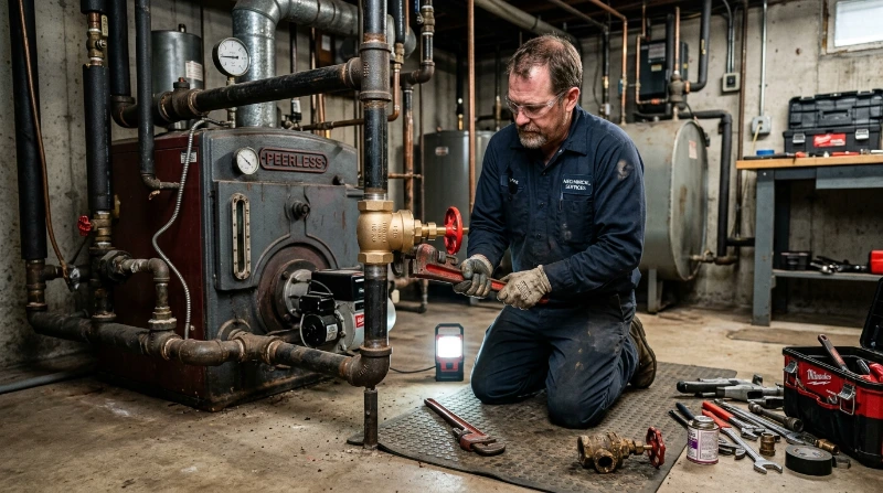 ABBCO technician replacing a failed steam trap valve in a Warren, MI home