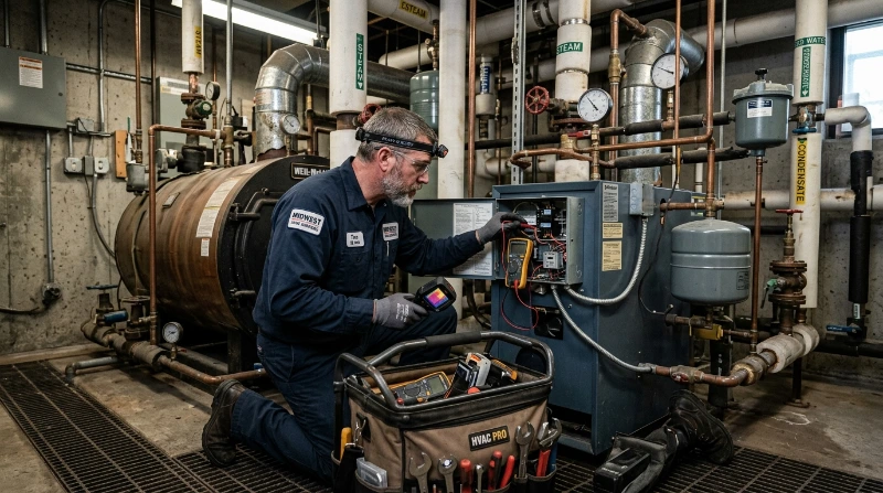ABBCO technician responding to an emergency steam boiler call in Warren, MI